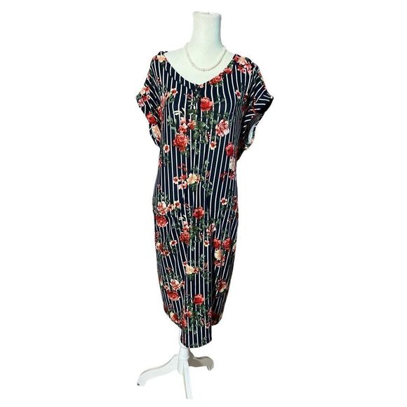 Bobbie Brooks Lace Upper Back Dress Black White Striped Red Floral Plus Size 2X - Picture 1 of 11